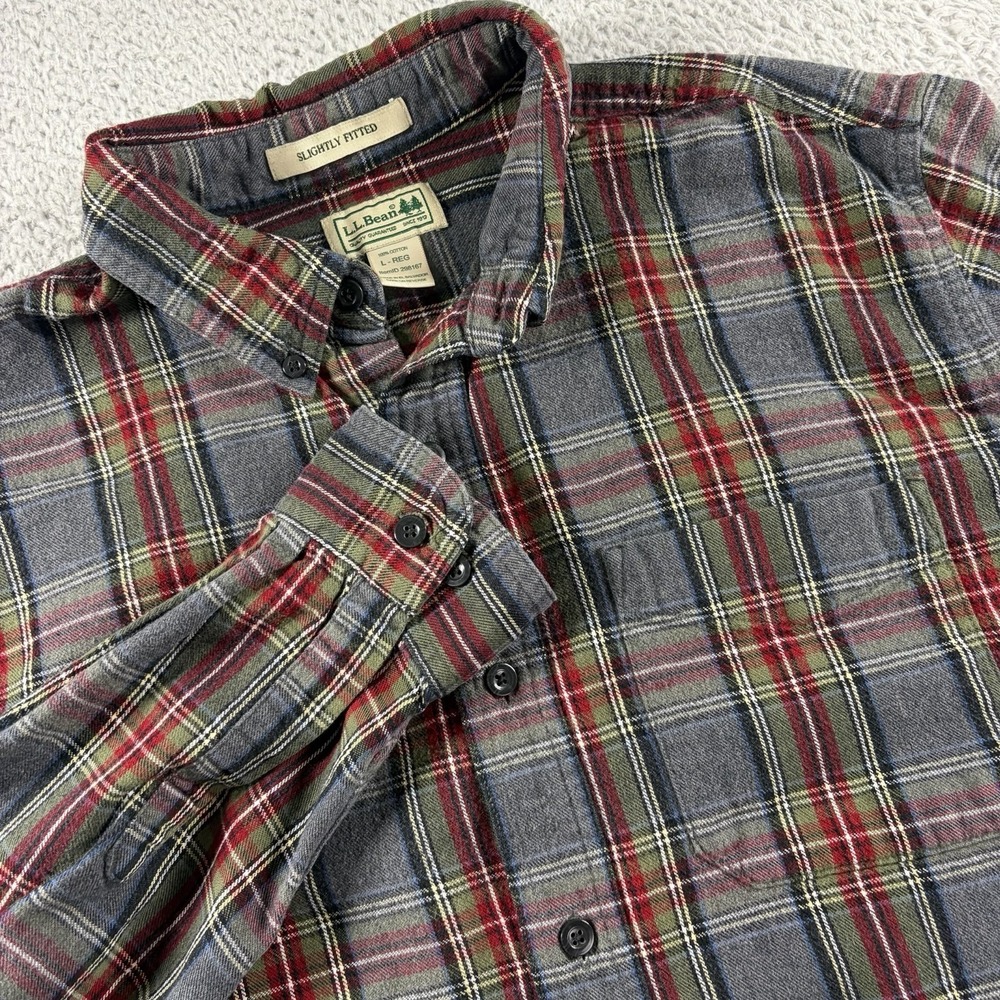 L.L Bean Scotch Plaid Flannel Shirt Mens Large Regular Gray‎ Red Button Up Long